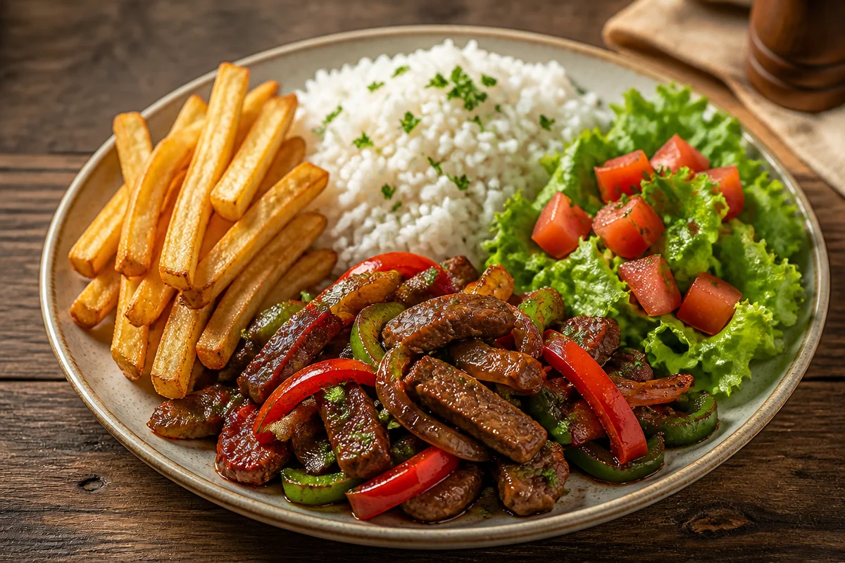 Savory Beef Stir-Fry Plate with Rice, Fries, Salad