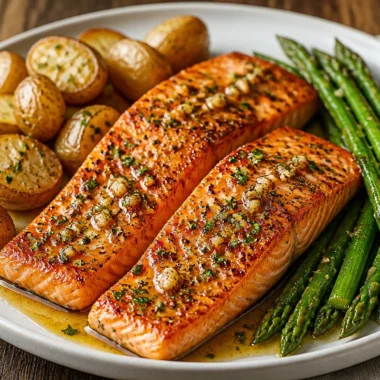 Delicious garlic butter salmon plated with herbs and lemon slices