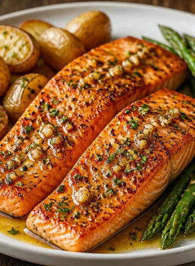 Delicious garlic butter salmon plated with herbs and lemon slices