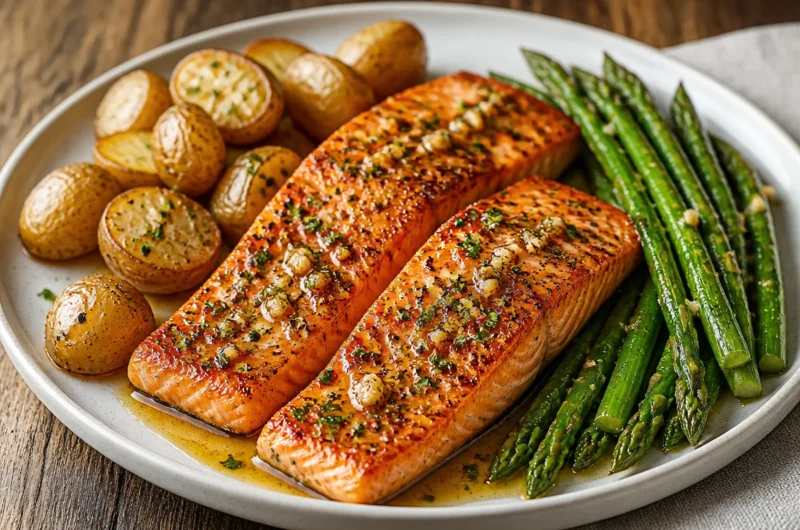 Delicious garlic butter salmon plated with herbs and lemon slices