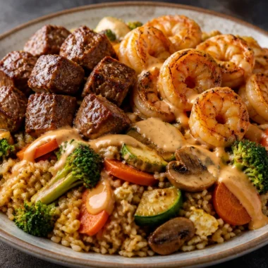 Savory garlic shrimp and steak fried rice dish beautifully plated.
