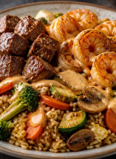 Savory garlic shrimp and steak fried rice dish beautifully plated.