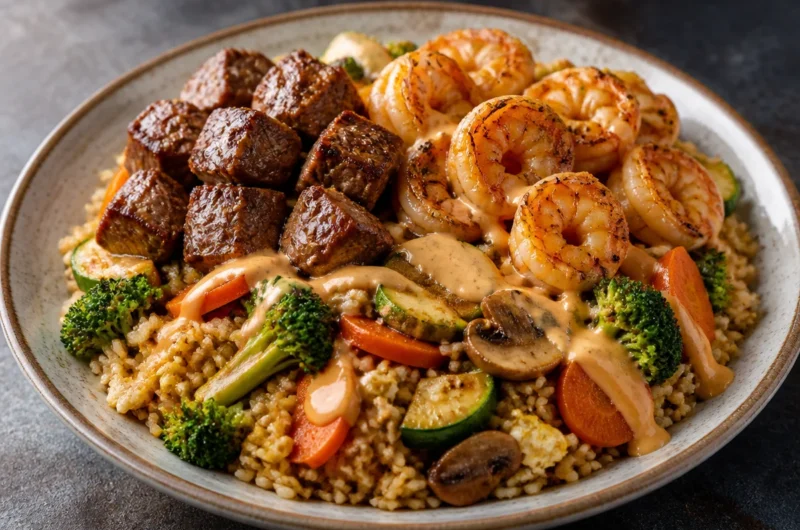 Savory garlic shrimp and steak fried rice dish beautifully plated.