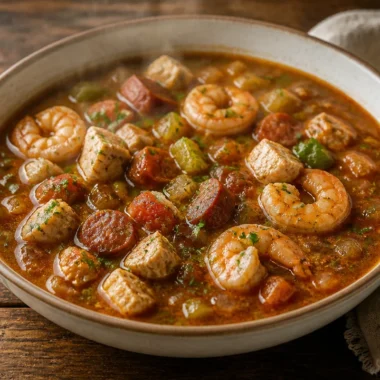 Delicious bowl of savory seafood gumbo with shrimp, crab, and spices.