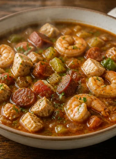 Delicious bowl of savory seafood gumbo with shrimp, crab, and spices.
