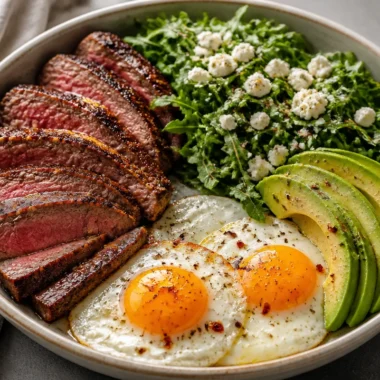 Savory steak and eggs power bowl garnished with fresh herbs and vegetables.
