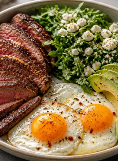 Savory steak and eggs power bowl garnished with fresh herbs and vegetables.