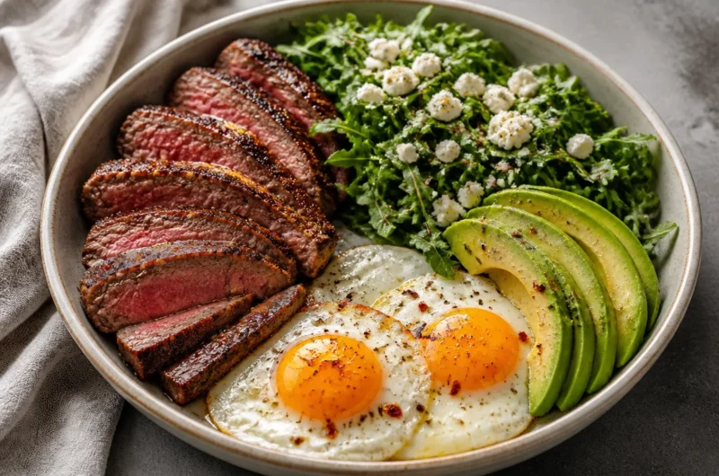 Savory steak and eggs power bowl garnished with fresh herbs and vegetables.