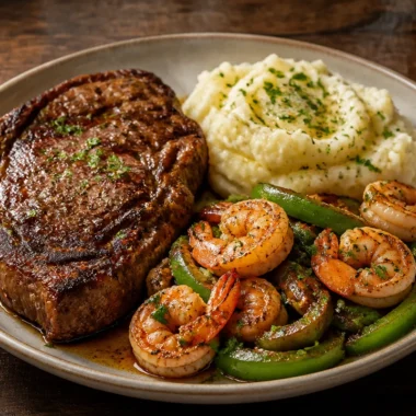 Savory surf and turf steak plate with grilled shrimp and tender steak
