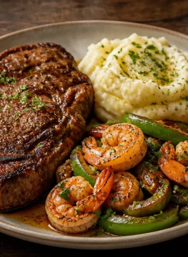 Savory surf and turf steak plate with grilled shrimp and tender steak