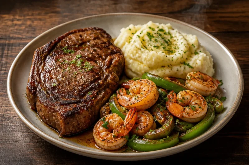 Savory surf and turf steak plate with grilled shrimp and tender steak