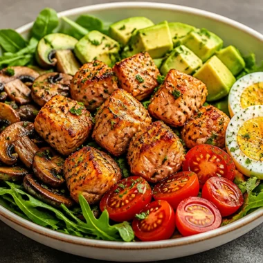 Seared salmon power bowl with fresh vegetables and healthy grains.