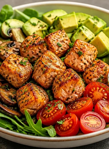 Seared salmon power bowl with fresh vegetables and healthy grains.