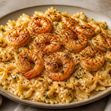 Silky garlic shrimp pasta served in a white bowl with herbs and garlic bread.