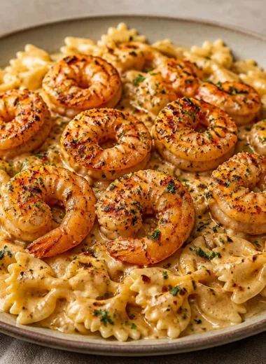 Silky garlic shrimp pasta served in a white bowl with herbs and garlic bread.