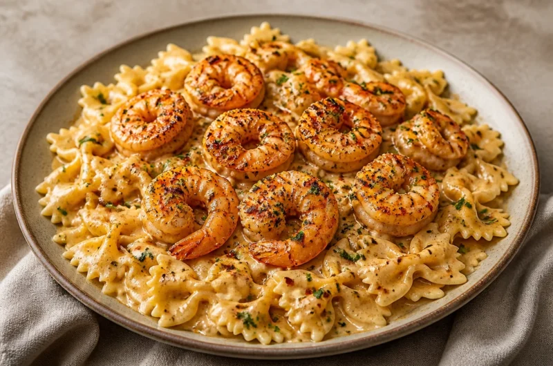 Silky garlic shrimp pasta served in a white bowl with herbs and garlic bread.