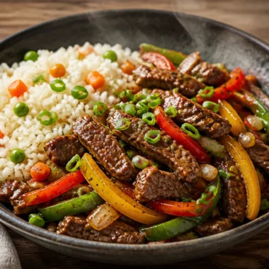 Sizzling beef stir-fry veggie rice bowl with vibrant vegetables and rice