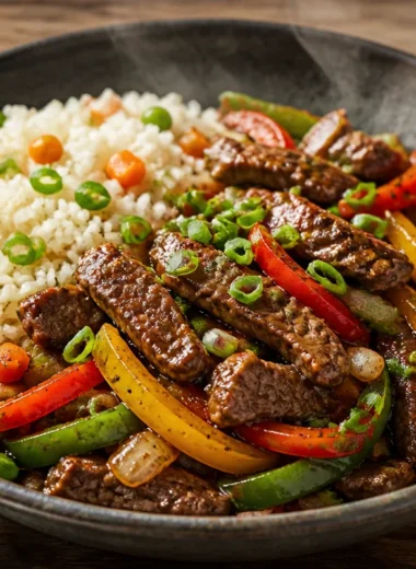 Sizzling beef stir-fry veggie rice bowl with vibrant vegetables and rice