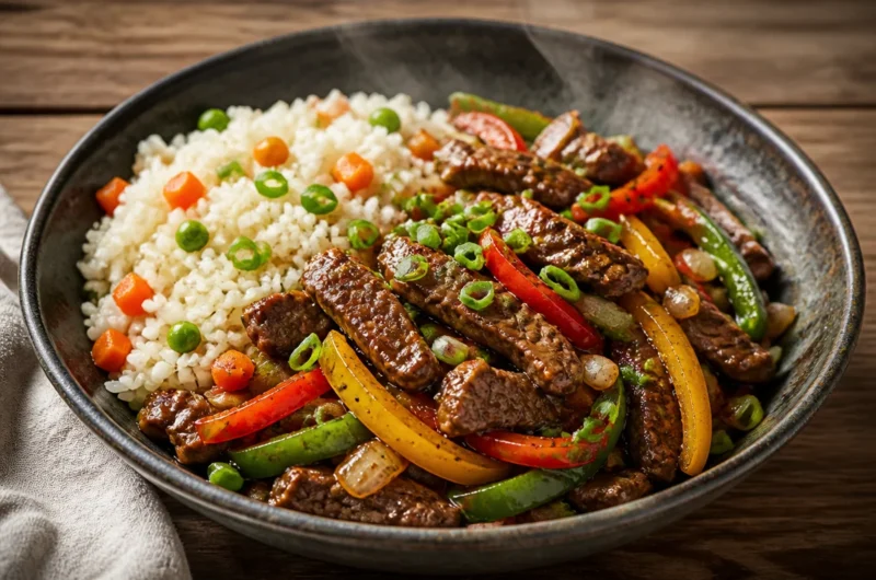Sizzling beef stir-fry veggie rice bowl with vibrant vegetables and rice