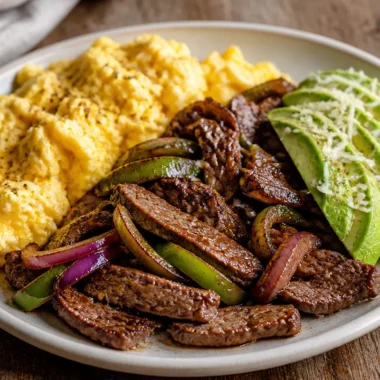 Delicious sizzling steak and eggs power plate served hot for a nutritious meal.