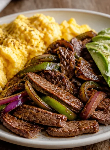 Delicious sizzling steak and eggs power plate served hot for a nutritious meal.