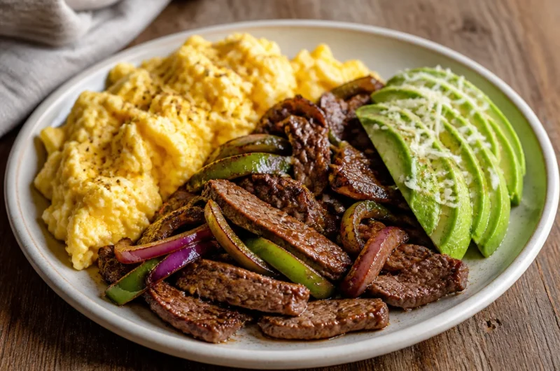 Delicious sizzling steak and eggs power plate served hot for a nutritious meal.