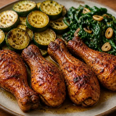 Smoky chicken drumsticks platter garnished with herbs and served on a colorful tray