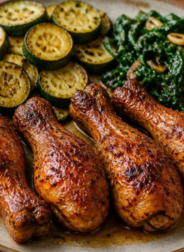Smoky chicken drumsticks platter garnished with herbs and served on a colorful tray