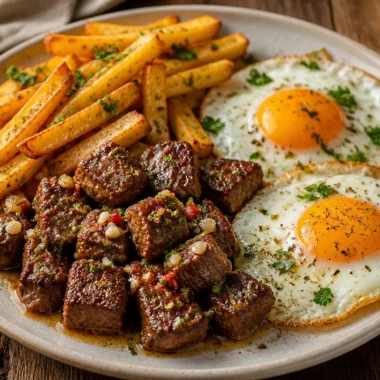 Steak and eggs served with golden fries on a plate