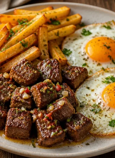 Steak and eggs served with golden fries on a plate