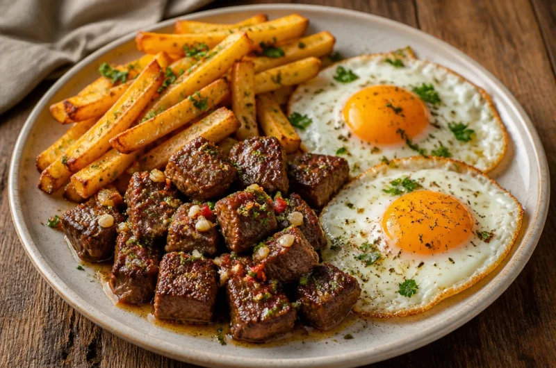 Steak and eggs served with golden fries on a plate