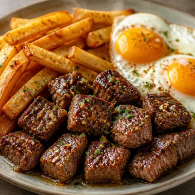 Delicious steak, eggs, and crispy fries served on a plate.