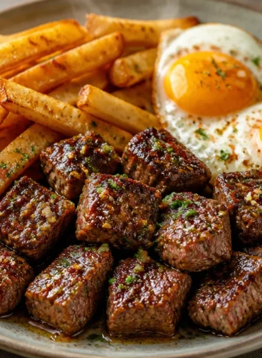 Delicious steak, eggs, and crispy fries served on a plate.
