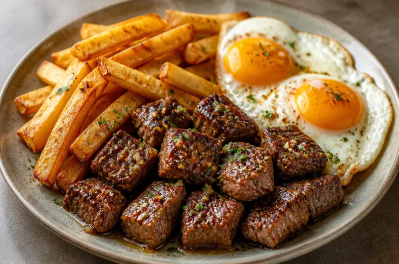 Delicious steak, eggs, and crispy fries served on a plate.