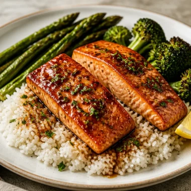 Delicious honey garlic salmon plate served with vegetables and rice