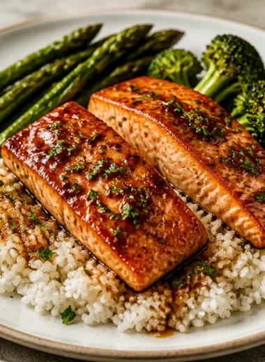 Delicious honey garlic salmon plate served with vegetables and rice