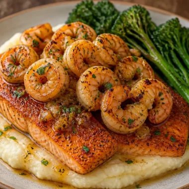 Zesty Garlic Shrimp and Salmon Plate garnished with herbs and lemon