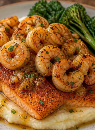 Zesty Garlic Shrimp and Salmon Plate garnished with herbs and lemon