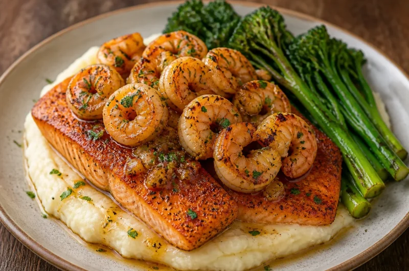 Zesty Garlic Shrimp and Salmon Plate garnished with herbs and lemon