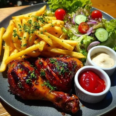 BBQ chicken drumsticks with crispy fries and a vibrant garden salad on a plate