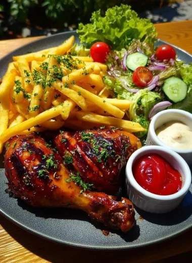 BBQ chicken drumsticks with crispy fries and a vibrant garden salad on a plate