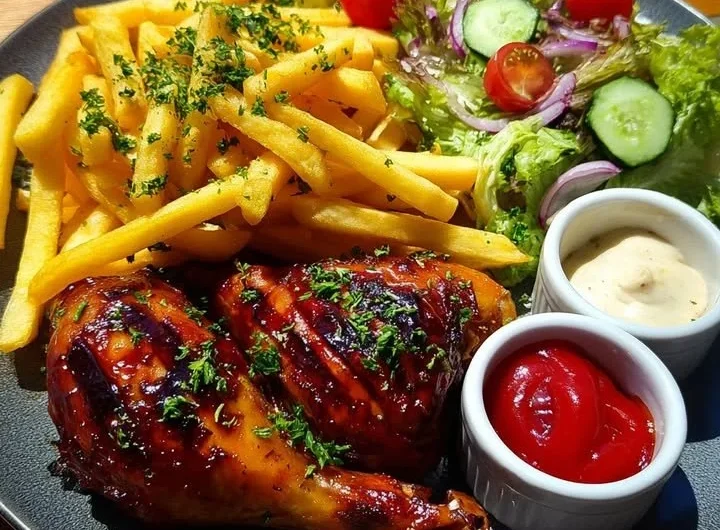 BBQ chicken drumsticks with crispy fries and a vibrant garden salad on a plate