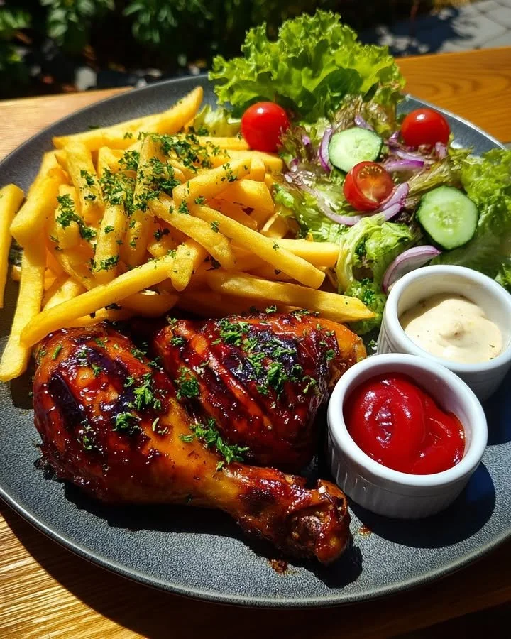BBQ chicken drumsticks with crispy fries and a vibrant garden salad on a plate