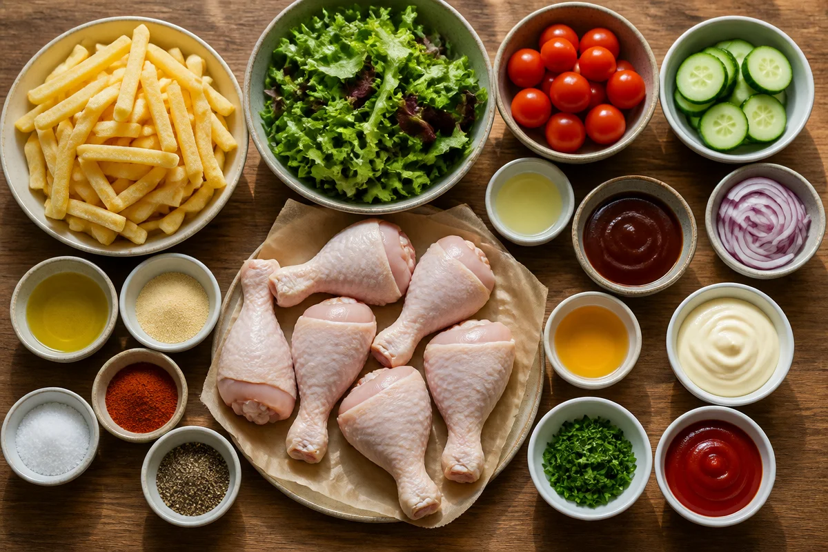 BBQ Chicken Drumsticks With Crispy Fries And Garden Salad