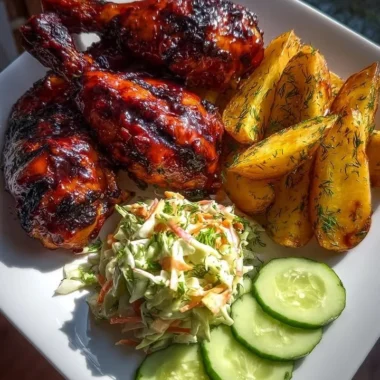 BBQ chicken drumsticks served with herb roasted potatoes and coleslaw