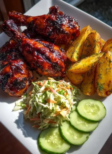 BBQ chicken drumsticks served with herb roasted potatoes and coleslaw
