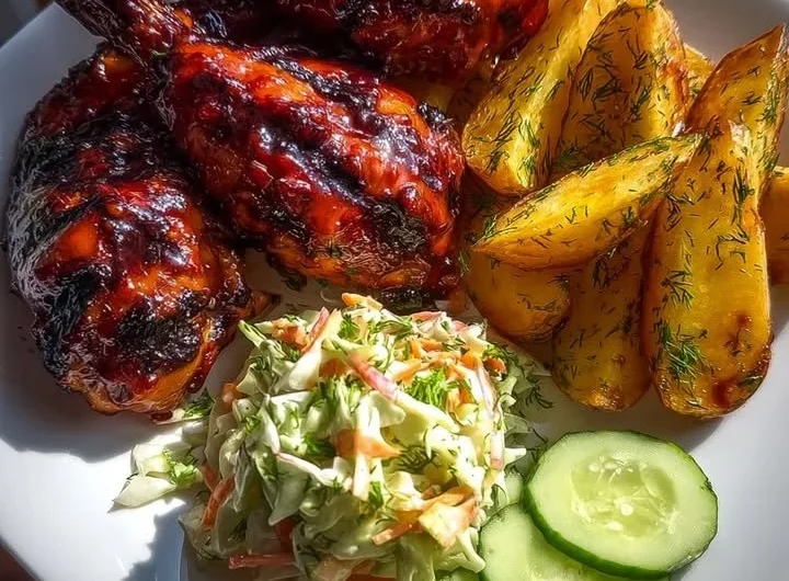 BBQ chicken drumsticks served with herb roasted potatoes and coleslaw