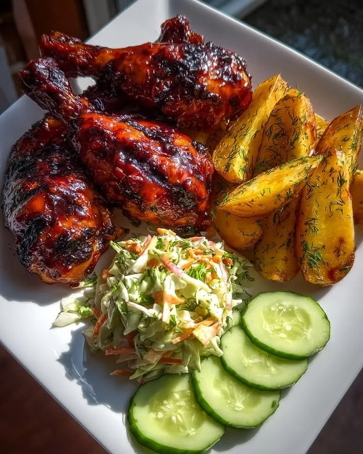 BBQ chicken drumsticks served with herb roasted potatoes and coleslaw