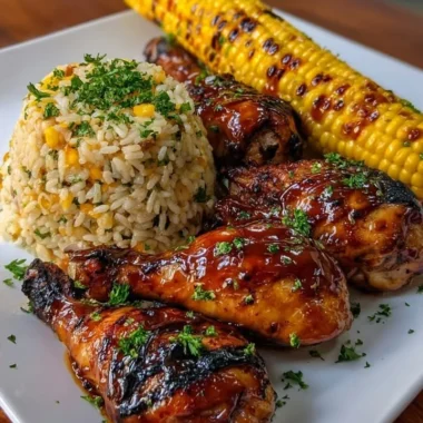 BBQ glazed chicken drumsticks served with corn rice and sweet corn on a plate