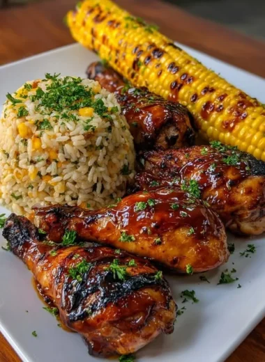 BBQ glazed chicken drumsticks served with corn rice and sweet corn on a plate